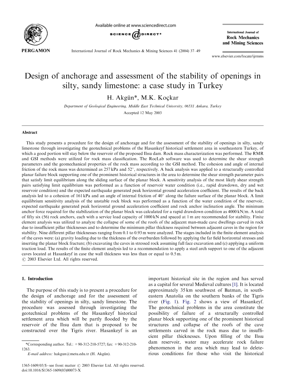 锚碇设计与砂砾质石灰岩开孔稳定性评价 以土耳其h Akg为例 外文翻译资料 外文翻译网